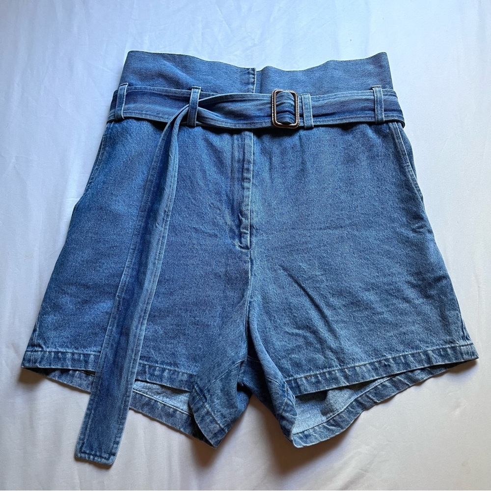 CARON CALLAHAN blue cotton denim paperbag high rise belted jean shorts